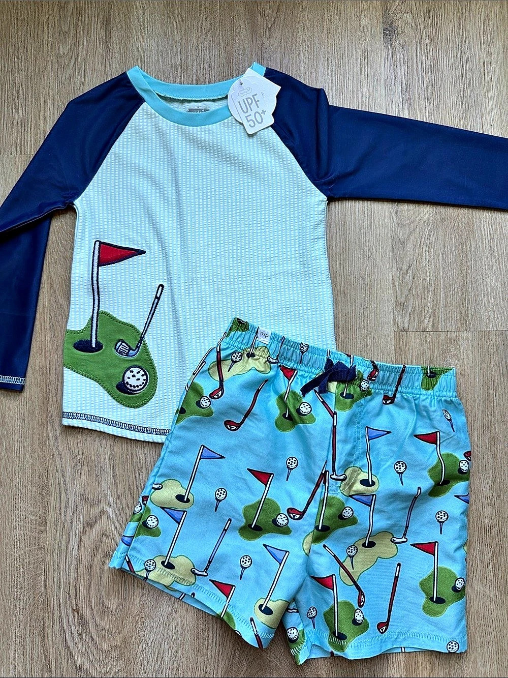 mud pie Boys 2T-3T UPF 50+ Golf Rashguard Set Blue & Green NWT